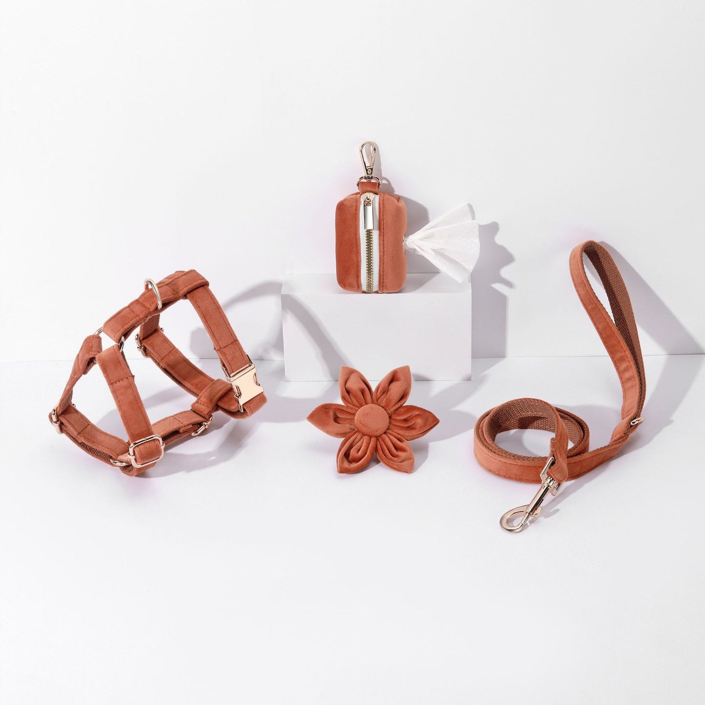 Velvet Dog Harness Set Chocolate