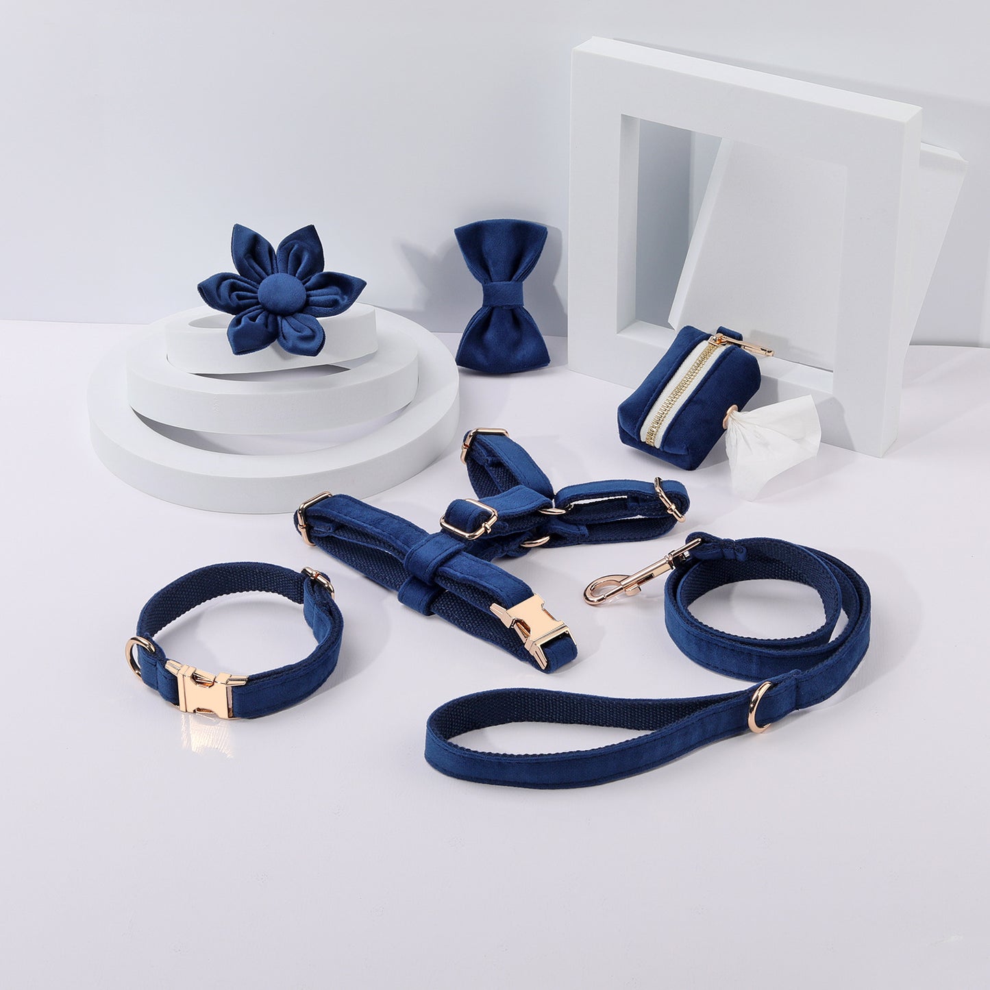 Velvet Dog Harness Set Navy Blue