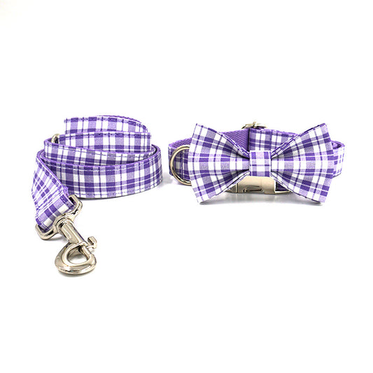 Purple Checked Dog Collar Set