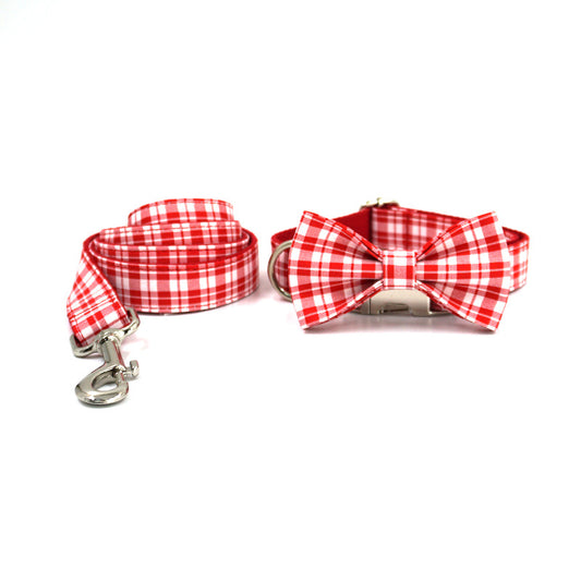 Red White Checked Dog Collar Set